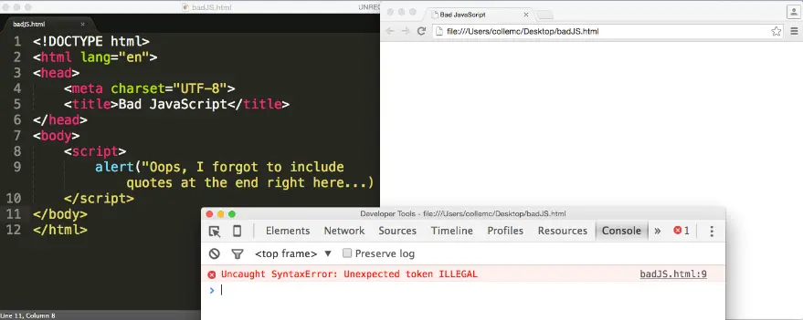 Code, an empty browser, and an error message in the Chrome console.