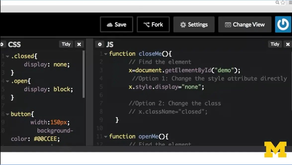 CodePen Example; JavaScript functions.